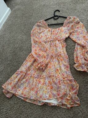 Jessica Simpson Floral Puff Sleeve Mini Dress - Pink/Peach/Yellow